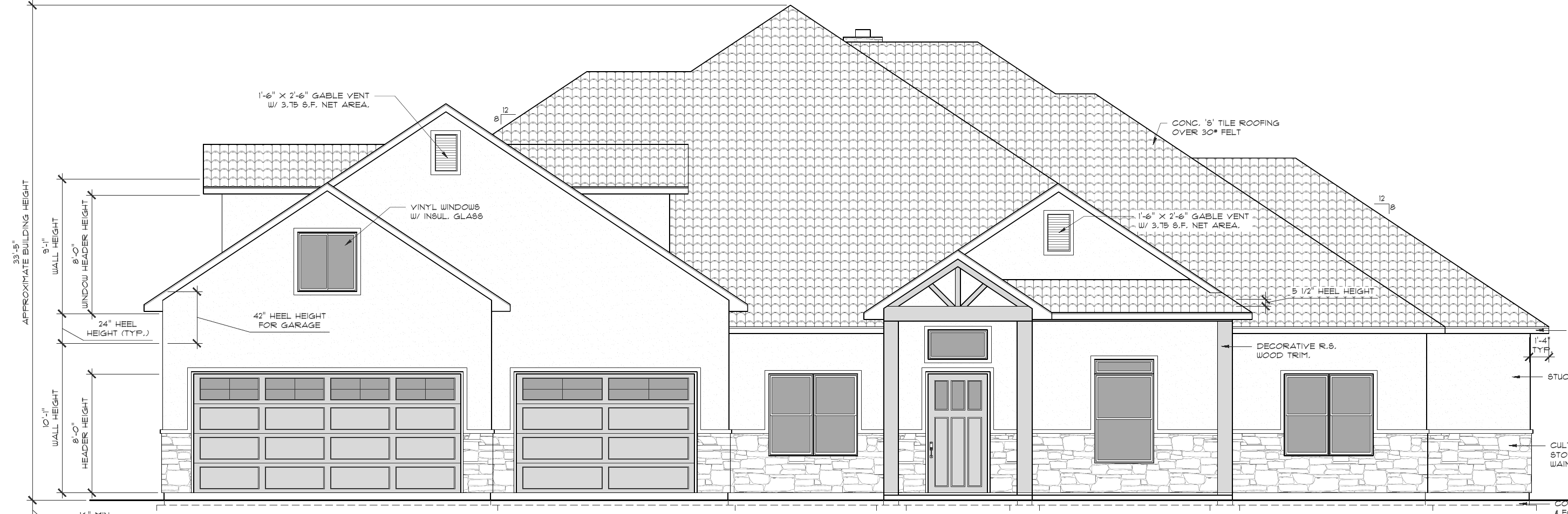 Front elevation of featured custom home with three-car garage, gabled roof, and covered entrance