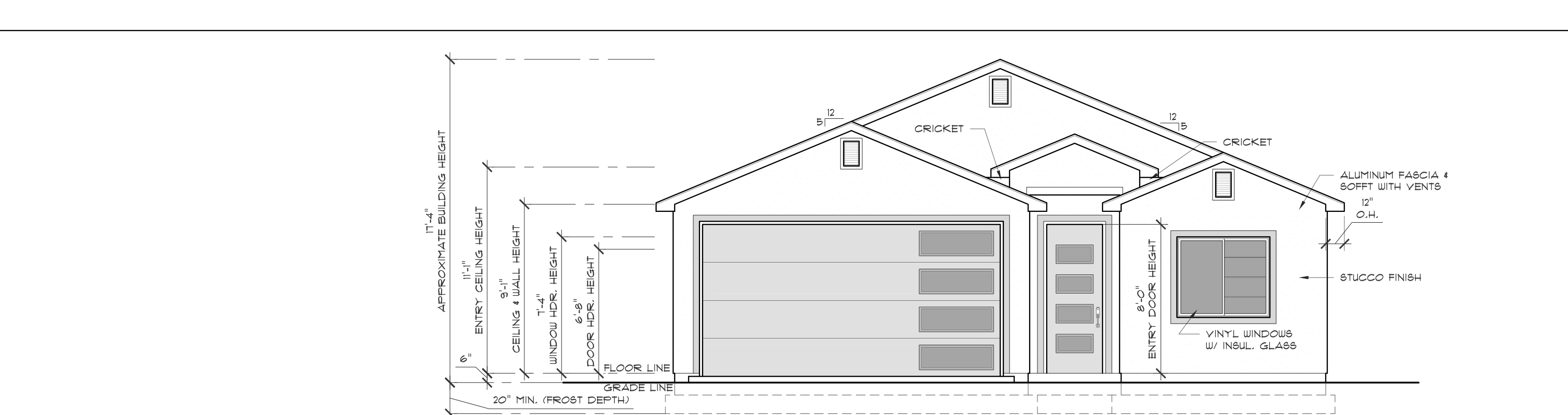 Architectural front elevation of 1,296 square foot three-bedroom spec home